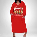 1 Piece Custom Casual Print V Neck Long Sleeve Christmas Plus Size Maxi Dress