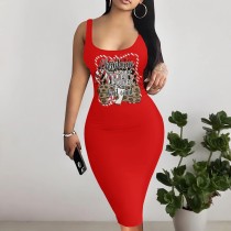 1 Piece Custom Casual Print U Neck Sleeveless Christmas Midi Dresses