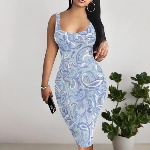 1 Piece Custom Casual Print U Neck Sleeveless Midi Dresses