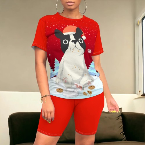 1 Piece Custom Casual Print Short Sleeve Christmas Short Set