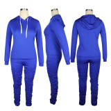 Solid Hoodie 2 Zip Pockets Gathered Trousers Set