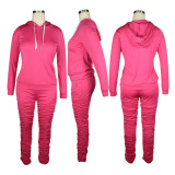 Solid Hoodie 2 Zip Pockets Gathered Trousers Set