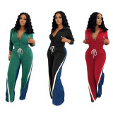 Casual 2 Piece Outfits Sweatsuit Pocket High Neck Patchwork Pants Set