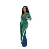 Casual 2 Piece Outfits Sweatsuit Pocket High Neck Patchwork Pants Set