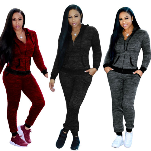 Hooded Zip-up Long Sleeves Sweatshirt and Pants Track Suit Two-piece