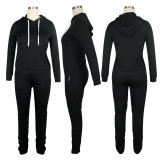 Solid Hoodie 2 Zip Pockets Gathered Trousers Set