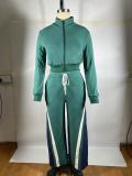 Casual 2 Piece Outfits Sweatsuit Pocket High Neck Patchwork Pants Set