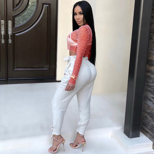 Hot Sale Women's Beaded Mesh Perspective Long Sleeves Clubwear Crop Top