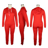 Solid Hoodie 2 Zip Pockets Gathered Trousers Set