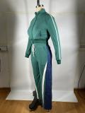 Casual 2 Piece Outfits Sweatsuit Pocket High Neck Patchwork Pants Set