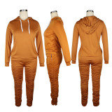 Solid Hoodie 2 Zip Pockets Gathered Trousers Set