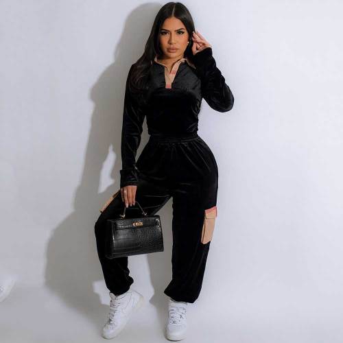 Casual Printed Plaid Stitching Gold Velvet Long Sleeve Trousers Outfits Set