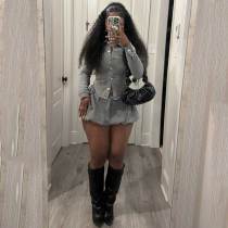 Slim Shirt Stretch Denim Skirt Women's Two Piece Set