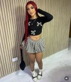 Black Plaid Bowknot Decor Crop Tops and Mini Bubble Skirts Two Pieces Dress Sets