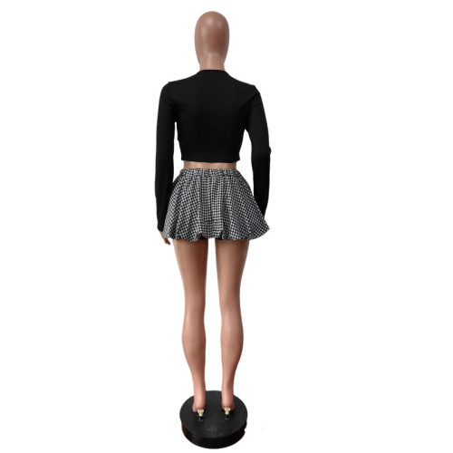 Black Plaid Bowknot Decor Crop Tops and Mini Bubble Skirts Two Pieces Dress Sets