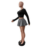 Black Plaid Bowknot Decor Crop Tops and Mini Bubble Skirts Two Pieces Dress Sets