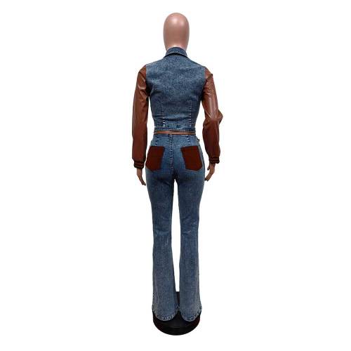 Denim Suit Leather Stitching Stretch Trousers Clothing Set