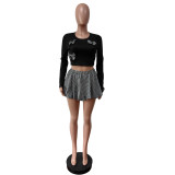 Black Plaid Bowknot Decor Crop Tops and Mini Bubble Skirts Two Pieces Dress Sets