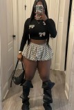 Black Plaid Bowknot Decor Crop Tops and Mini Bubble Skirts Two Pieces Dress Sets