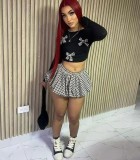 Black Plaid Bowknot Decor Crop Tops and Mini Bubble Skirts Two Pieces Dress Sets