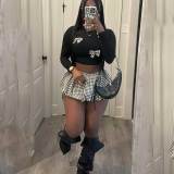Black Plaid Bowknot Decor Crop Tops and Mini Bubble Skirts Two Pieces Dress Sets