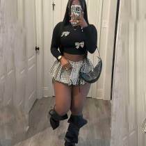 Black Plaid Bowknot Decor Crop Tops and Mini Bubble Skirts Two Pieces Dress Sets