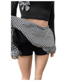 Black Plaid Bowknot Decor Crop Tops and Mini Bubble Skirts Two Pieces Dress Sets