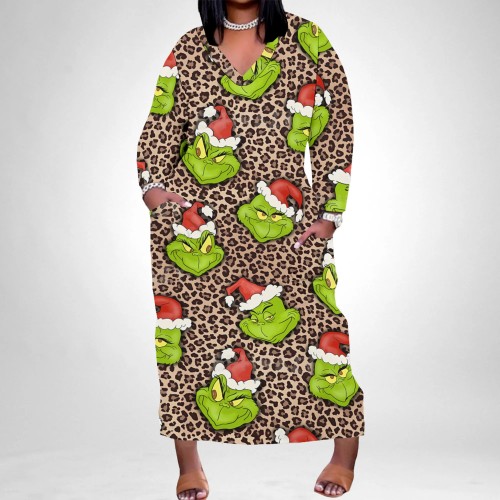 1 Piece Custom Casual Print V Neck Long Sleeve Christmas Plus Size Maxi Dress