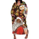 1 Piece Custom Casual Print V Neck Long Sleeve Christmas Plus Size Maxi Dress