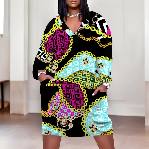 1 Piece Custom Casual Print V Neck Long Sleeve Plus Size Midi Dress
