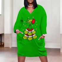 1 Piece Custom Casual Print V Neck Long Sleeve Christmas Plus Size Midi Dress