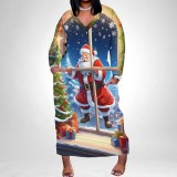 1 Piece Custom Casual Print V Neck Long Sleeve Christmas Plus Size Maxi Dress