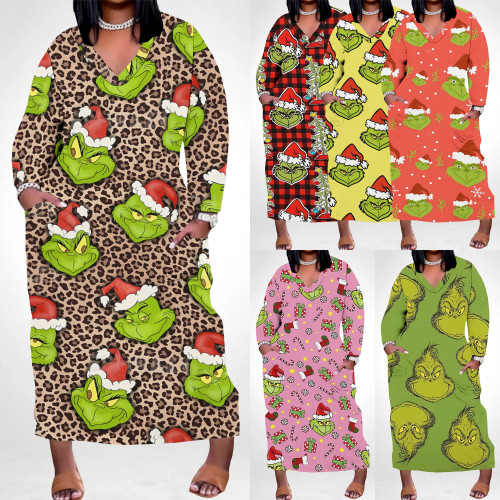 1 Piece Custom Casual Print V Neck Long Sleeve Christmas Plus Size Maxi Dress