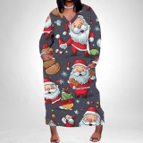 1 Piece Custom Casual Print V Neck Long Sleeve Christmas Plus Size Maxi Dress
