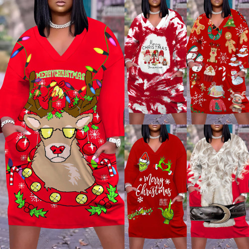 1 Piece Custom Casual Print V Neck Long Sleeve Christmas Plus Size Midi Dress