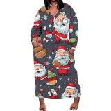 1 Piece Custom Casual Print V Neck Long Sleeve Christmas Plus Size Maxi Dress