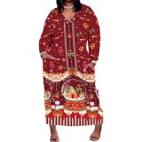 1 Piece Custom Casual Print V Neck Long Sleeve Christmas Plus Size Maxi Dress