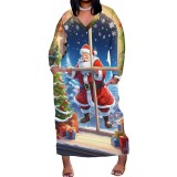 1 Piece Custom Casual Print V Neck Long Sleeve Christmas Plus Size Maxi Dress