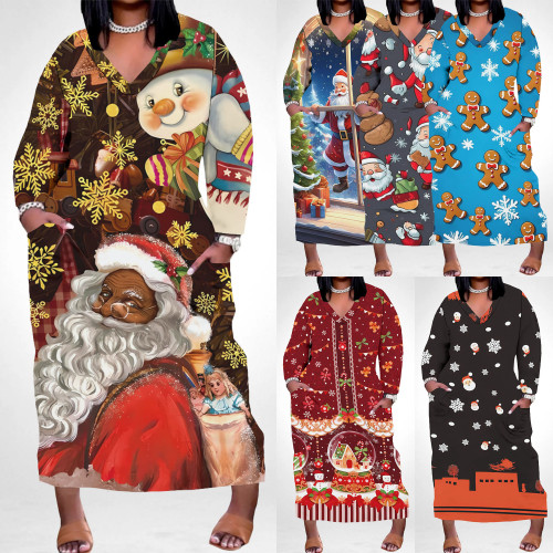 1 Piece Custom Casual Print V Neck Long Sleeve Christmas Plus Size Maxi Dress