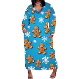 1 Piece Custom Casual Print V Neck Long Sleeve Christmas Plus Size Maxi Dress