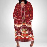 1 Piece Custom Casual Print V Neck Long Sleeve Christmas Plus Size Maxi Dress