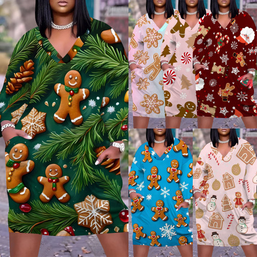 1 Piece Custom Casual Print V Neck Long Sleeve Plus Size Christmas Midi Dress
