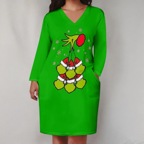 1 Piece Custom Casual Print V Neck Long Sleeve Christmas Plus Size Midi Dress