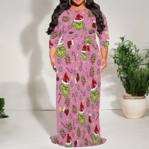 1 Piece Custom Casual Print 3/4 Sleeve Christmas Plus Size Maxi Dress