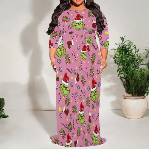 1 Piece Custom Casual Print 3/4 Sleeve Christmas Plus Size Maxi Dress