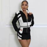 Casual Colorblock Zipper Jacket Long Sleeve Bodycon Dress