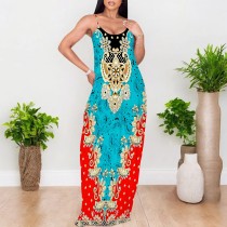 1 Piece Custom Casual Print Straps V Neck Long Dresses