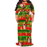 1 Piece Custom Casual Print 3/4 Sleeve Christmas Plus Size Maxi Dress