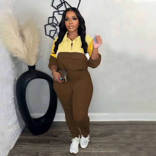 Athleisure Contrast Color Zipper Sweatshirt Tight Pants Sports Two-Piece Set