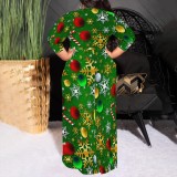 1 Piece Custom Casual Print 3/4 Sleeve Christmas Plus Size Maxi Dress